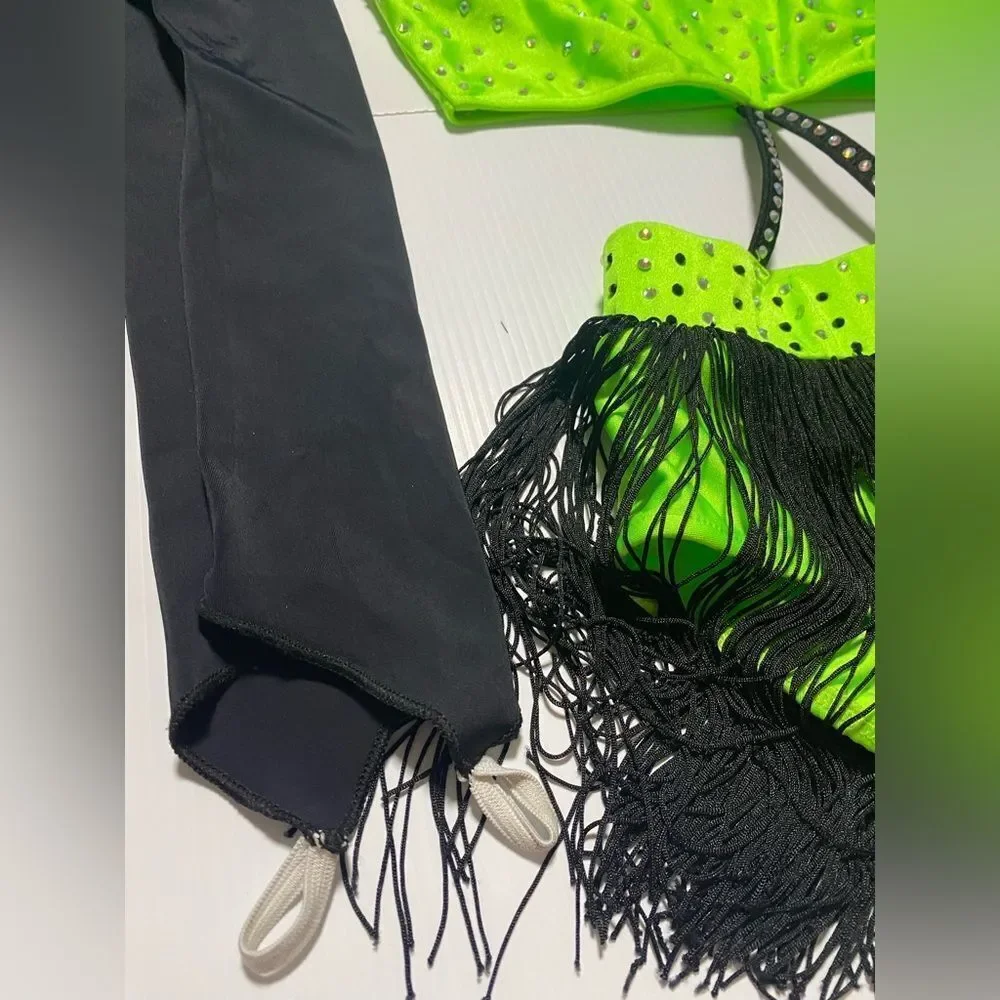 Glamour solo dance costume leotard neon green embellished rhinestoned SA adult